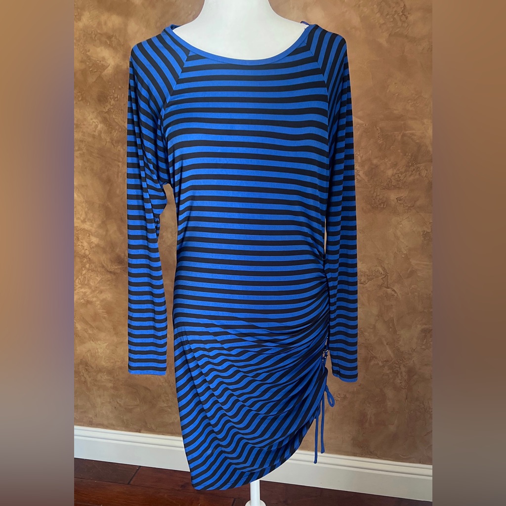 Michael Kors Blue And Black Striped | Asymmetrical Side Ruched Dress Size Medium